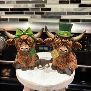 Cute Highland Cow St. Patrick’s Day Figurines with Green Accessories